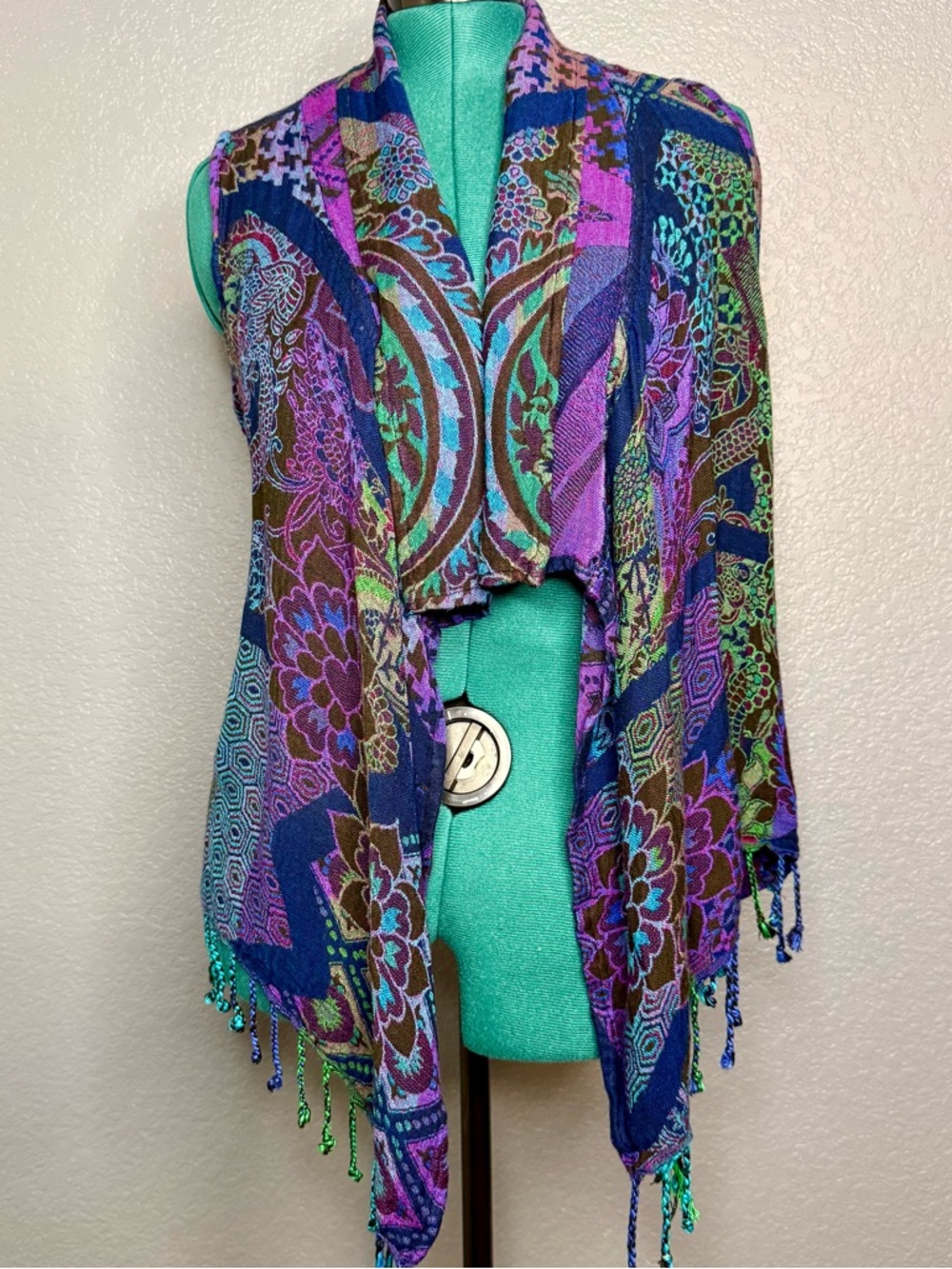 Anu Boho Open Front Kimono Poncho Multicolor Paisley Fringe One Size XL
